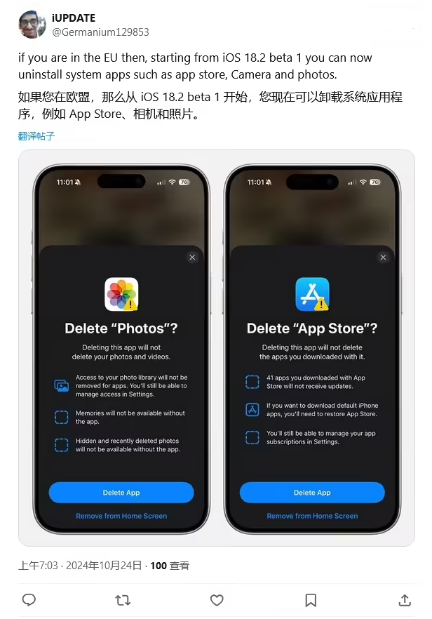 黄岛苹果手机维修分享iOS 18.2 支持删除 App Store 应用商店 