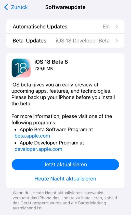 黄岛苹果手机维修分享苹果 iOS / iPadOS 18 开发者预览版 Beta 8 发布 